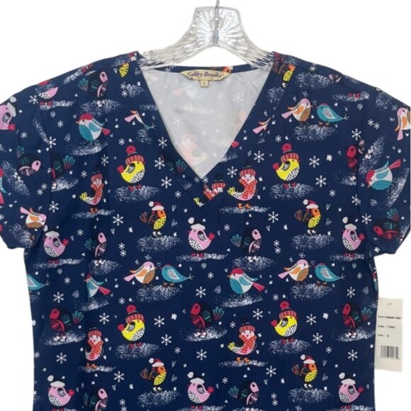 Gabby Brooke Christmas Scrub Top Womens Small Blue New Bird Print - Picture 3 of 10